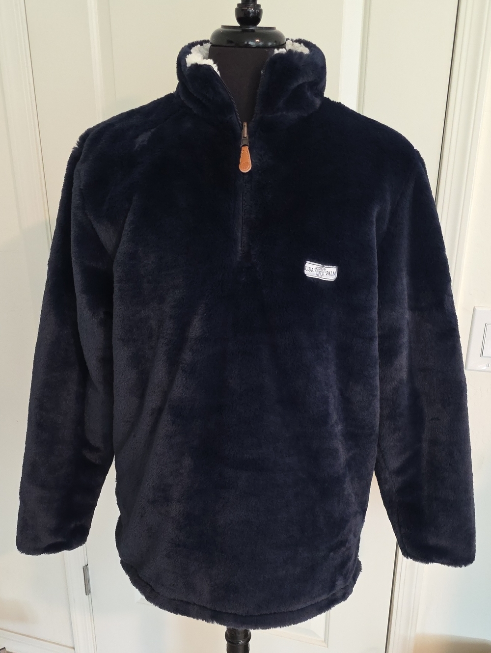 USA Palm Men's Plush Reversible Quarter-Zip Pullover Sweater - Navy and White